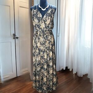 Rebecca B. Floral Maxi Dress Women's Size 10 Black Tan Boho Sleeveless Wrap‎